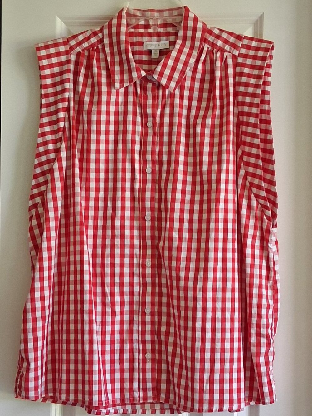Crown & Ivy Red & White Gingham Flutter Sleeve Button Down Top Women's Size XL